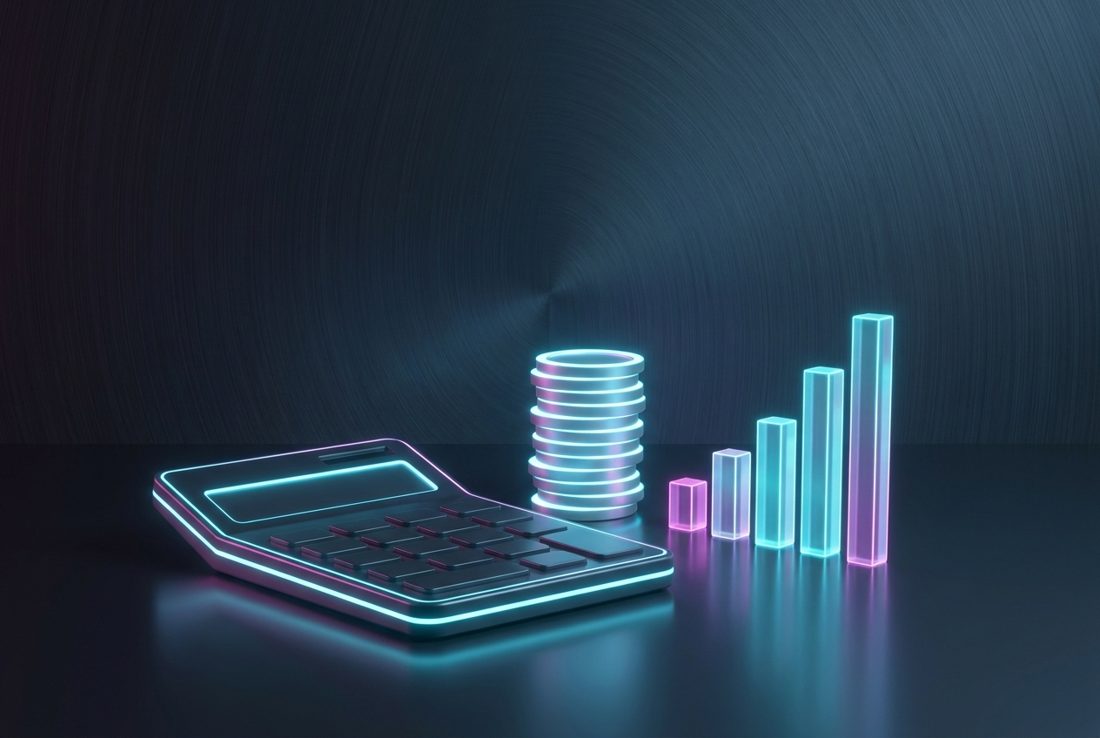Stylized illustration of glowing coins and a calculator