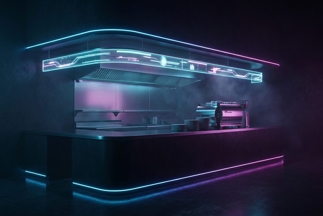 Stylized illustration of a neon-lit restaurant counter
